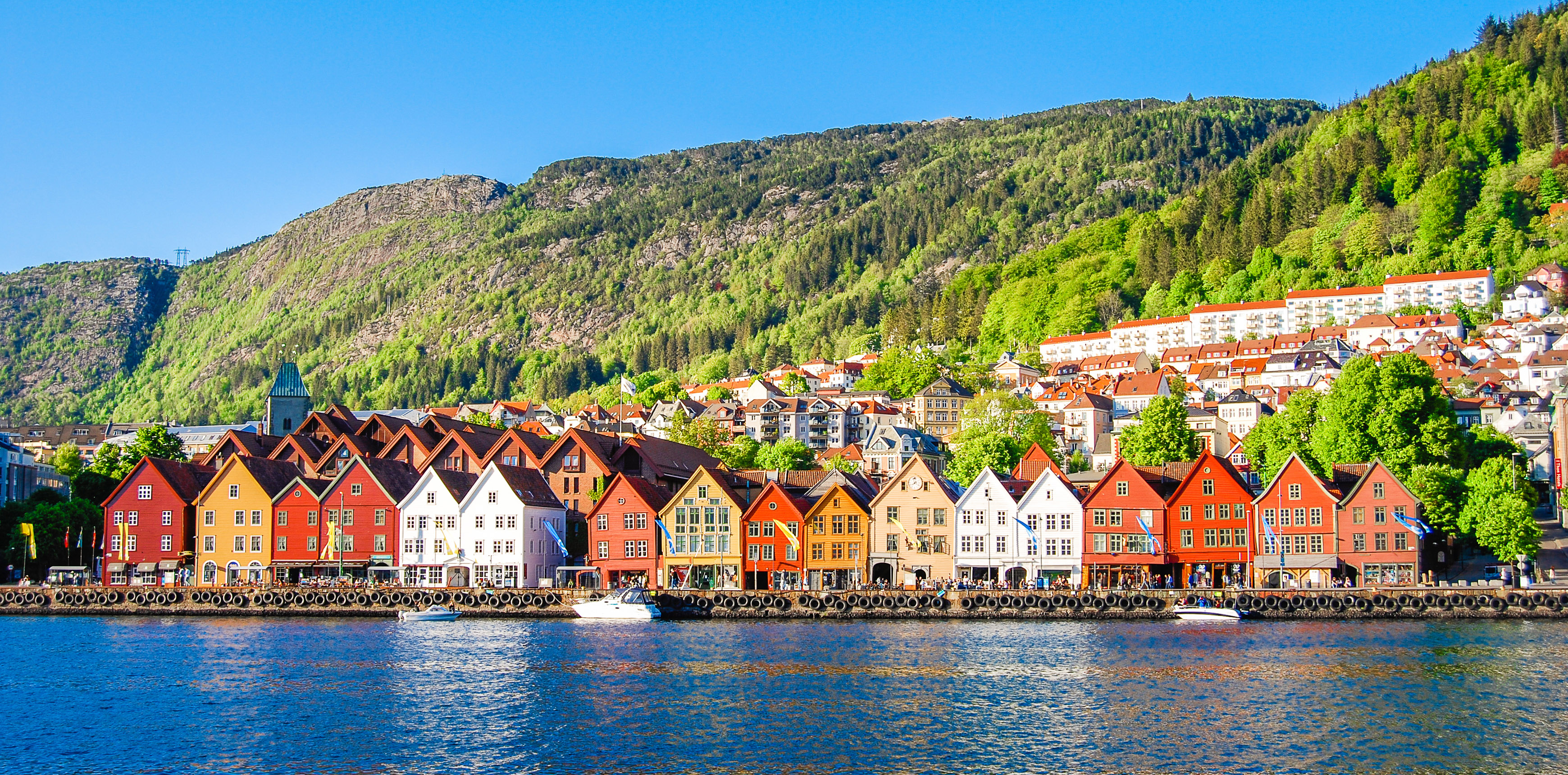 Bunte Gibelhäuserzeile am blauen Meer, blauer Himmel, hinter den Häusern grüne bewaldete Hügel.