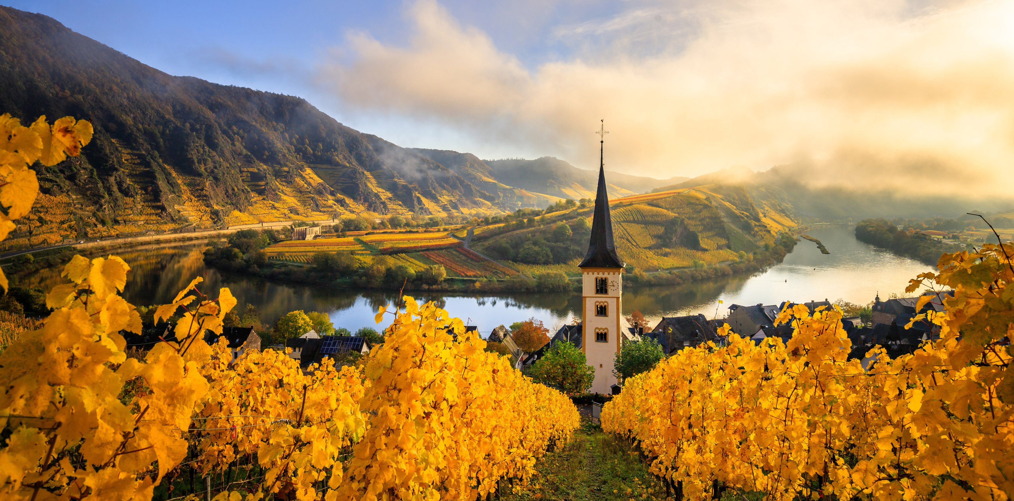 Herbstliche Weinberge am Fluss mit Dorf und Kirchturm vor sonnenbeschienenen, nebeligen Hängen.