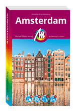 Cover des Reiseführers „Amsterdam“ von Annette Krus-Bonazza mit farbenfrohen Grachtenhäusern und Spiegelungen im Wasser.