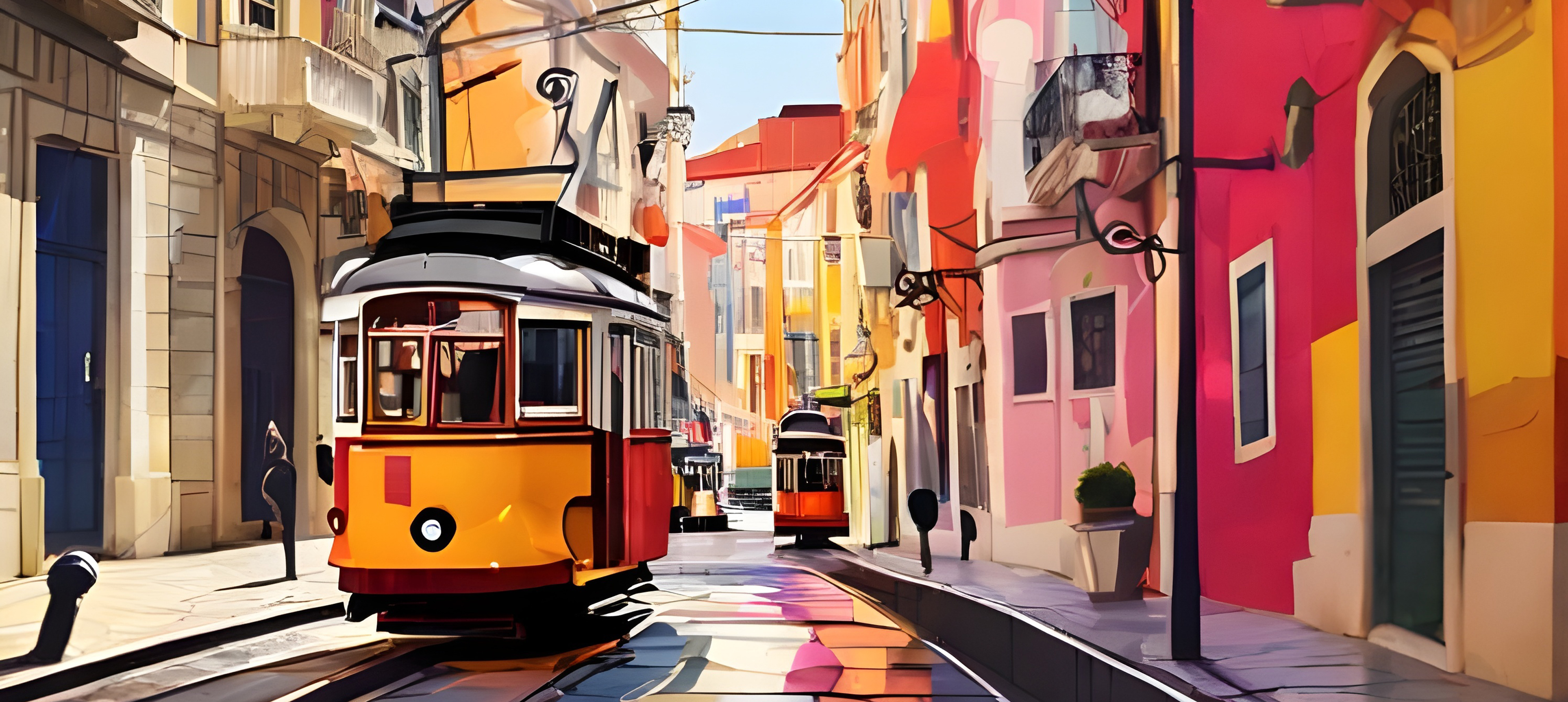Retro-Stadtplakat von Lissabon mit abstrakten Formen von Sehenswürdigkeiten, Straßen und Straßenbahnen
