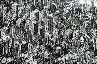 Graffiti von Mariusz Waras mit schwarz-weißen Warschau-Impressionen &ndash; die Häuserwand wurde kurz nach der Erstveröffentlichung eingerissen.